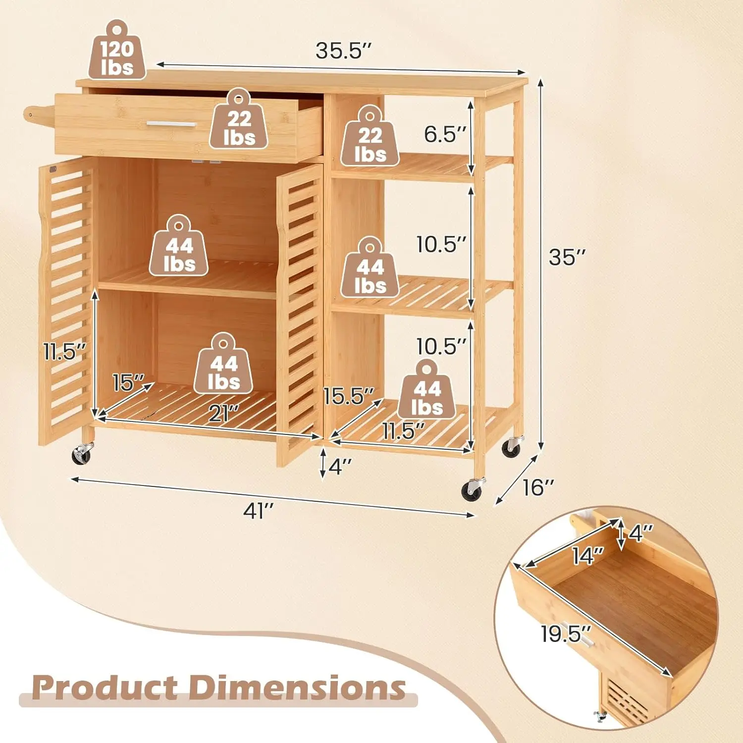 Bamboo Kitchen Island Cart Rolling Butcher Block Drawer Cabinet 3-Tier Shelves Towel Rack Wheels Storage Dining Room, Custom - Image 9
