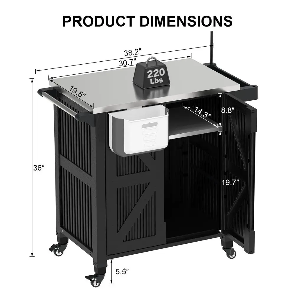 Kitchen Island with Storage Cabinet, Movable Grill Cart with Stainless Steel Countertop, 4 Swivel Wheels, PP Material Rolling B - Image 2