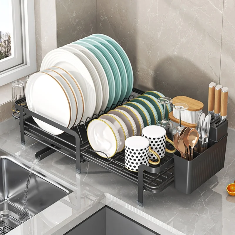 Expandable dish storage rack automatic draining rotatable drain rack adjustable counter organizer kitchen storage rack - Image 3