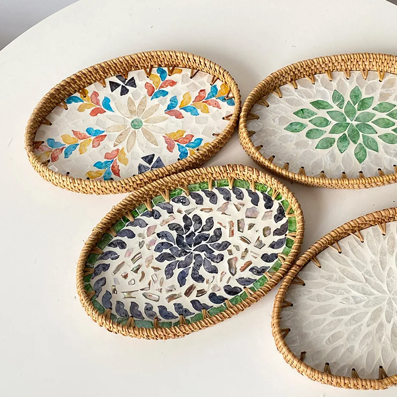 Handwoven Rattan Oval Tray with Shell Mosaic Inlay, Decorative Serving Tray for Coffee, Tea, Snacks, Bathroom Vanity Organizer - Image 3