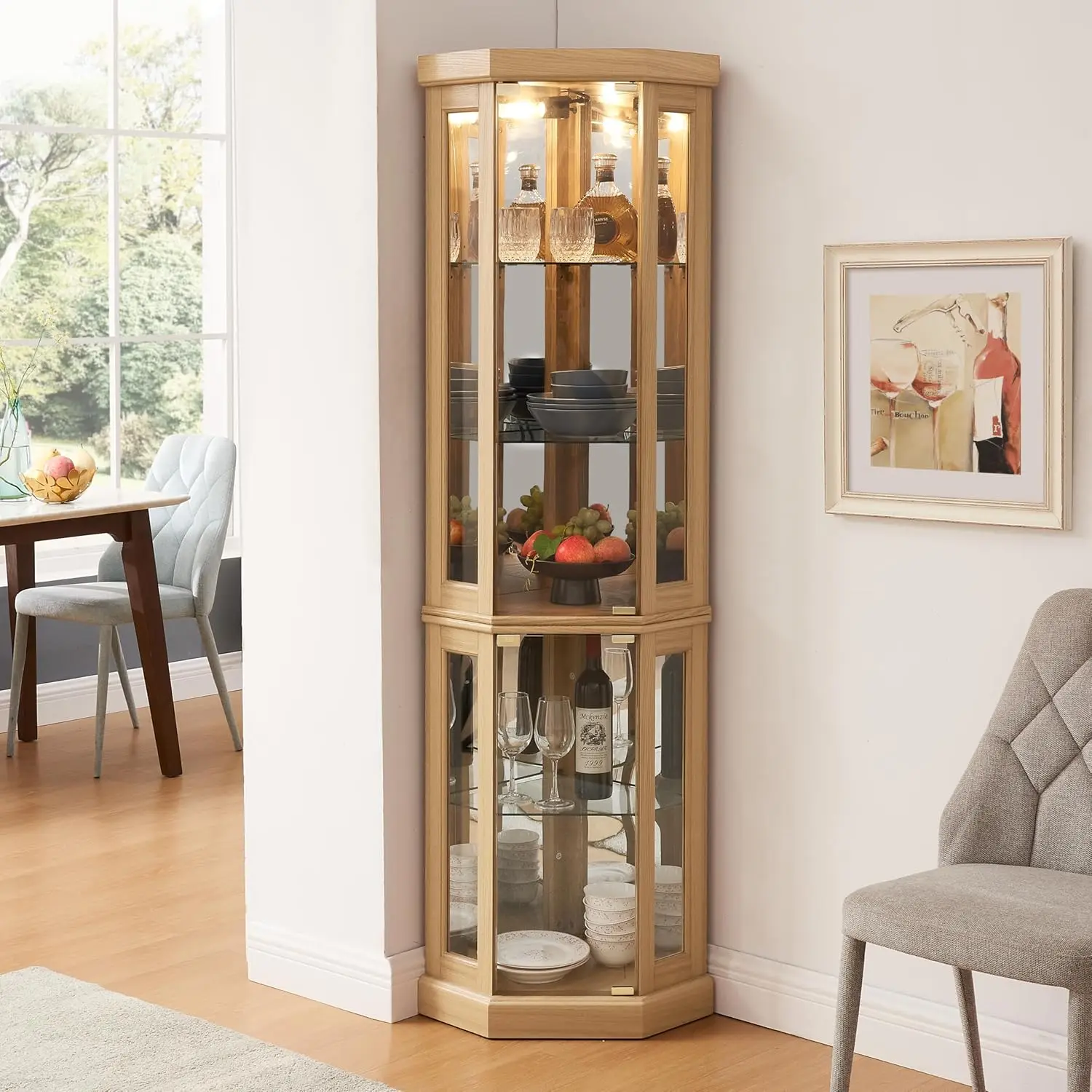 69" H Lighted Corner Curio Cabinet, 5-Tier Curio Glass Display Cabinet with Door & Adjustable Glass Shelves, Wooden, Customized - Image 9