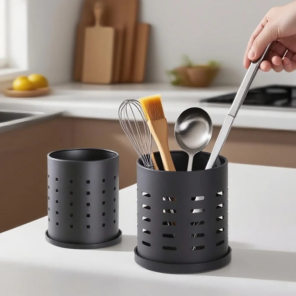 Black Stainless Steel Cutlery Holder - Large - Size Kitchen Storage Container for Knives, Forks & Chopsticks, Easy to Clean - Image 2