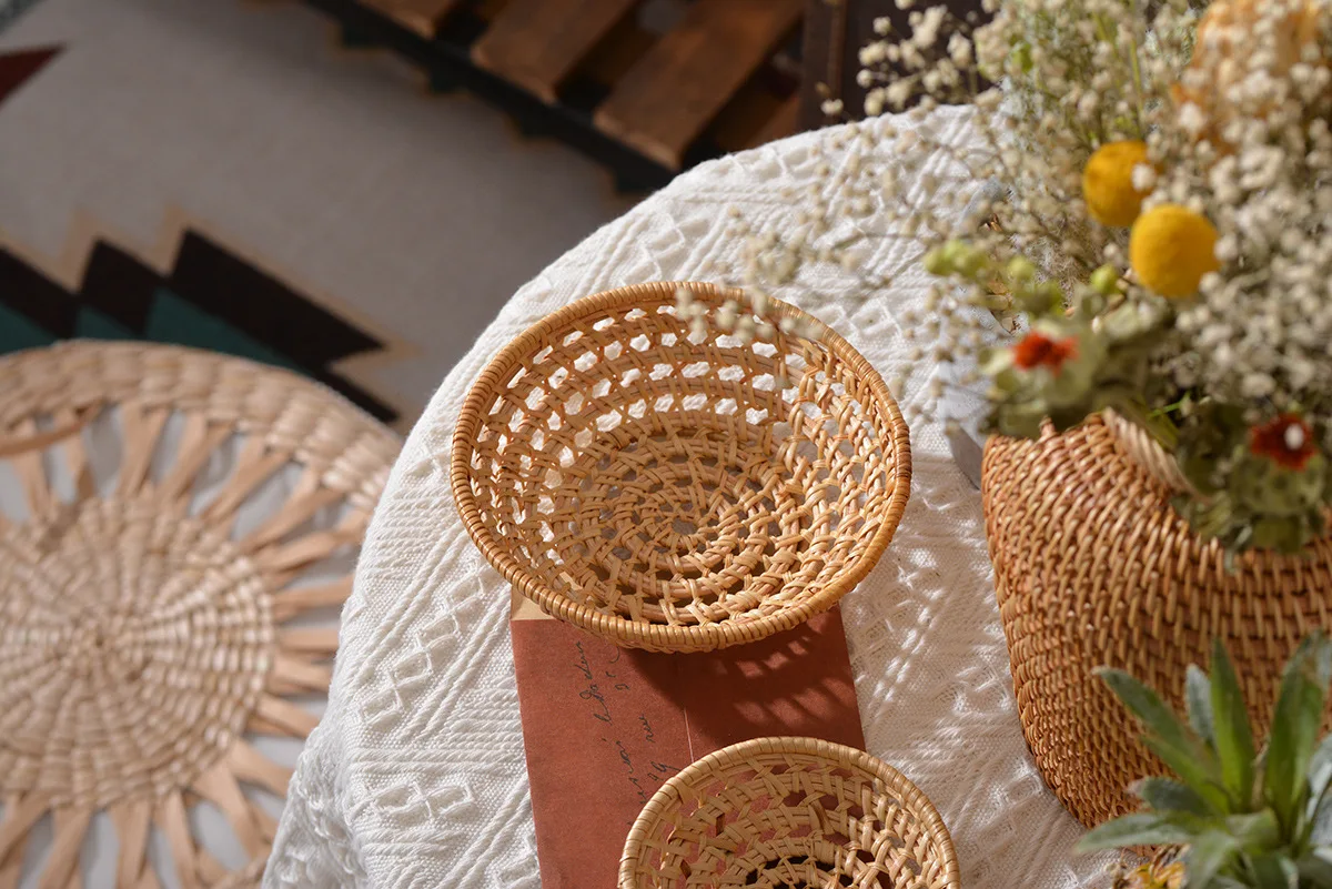 Minimalist Handwoven Rattan Baskets,Round Hollow Storage Trays for Fruit, Vegetables, Snacks, Decorative Wicker Basket for Home - Image 14