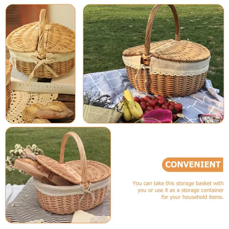 Picnic Fruit Storage Basket Easter Household Snack Container Wicker Basket with Lid Multi-function Wicker Basket Home Supply - Image 15