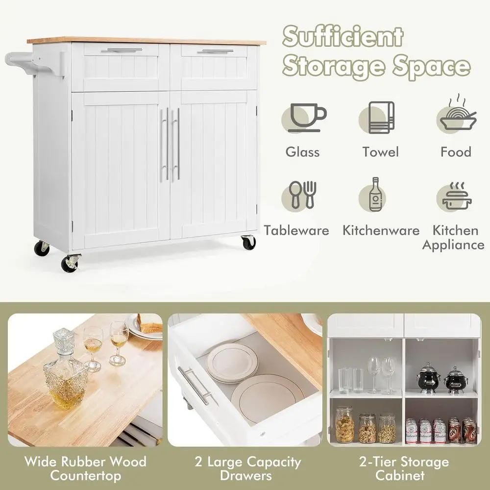 Rolling Kitchen Island with Towel Bar, Double Drawers, 2-Door Cabinet, White - Image 3