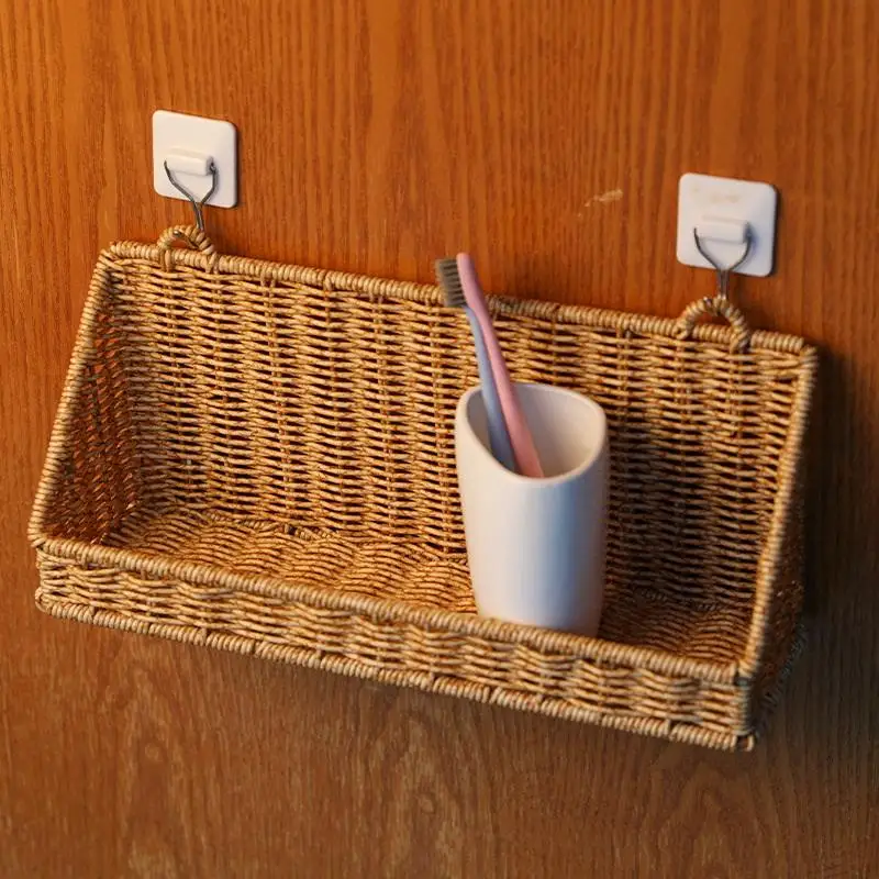 Woven Rattan Wall Storage Baskets | Adhesive Hook Hanging Shelves for Bathroom/Kitchen Organization - Image 2