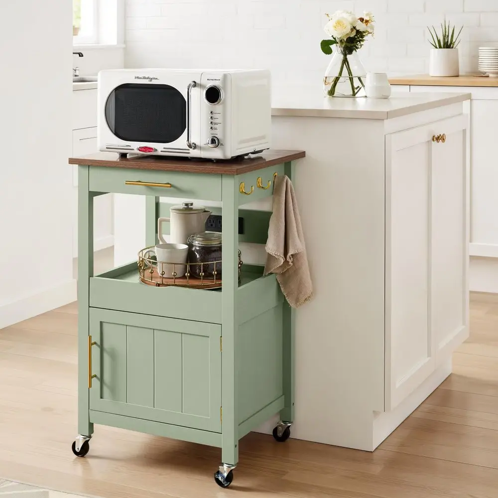 Rolling Kitchen Island Cart, Single Door Cabinet W Drawer, Sliding Tray, Outlet, Swivel Lockable Wheels, Hooks, Coffee Cart, Mi - Image 6