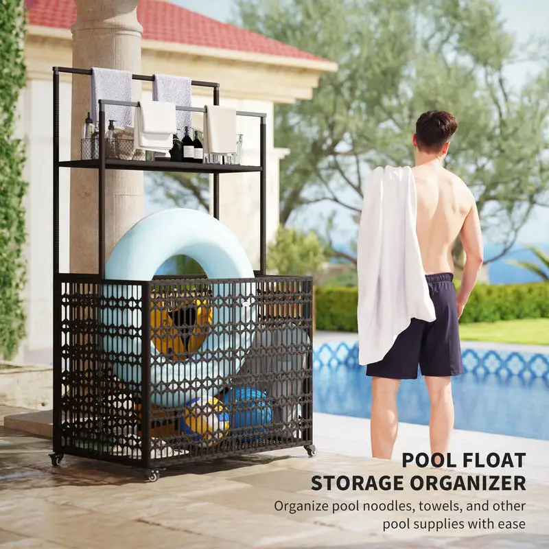 Wicker Pool Float Storage Organizer, PE Rattan Pool Float Holder with Basket Shelf Towel Bars, Rolling Pool Caddy for Floaties, Noodles, Life Vests, Beach Balls, Brown - Image 4