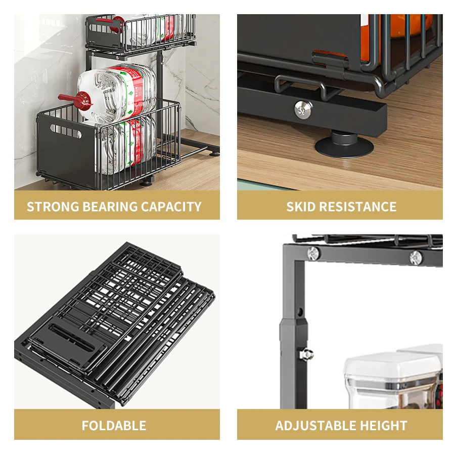 Pull-Out Under Sink Organizer, 2-Tier Adjustable Height Sliding Shelf for Kitchen/Bathroom Cabinet Storage, Black & White - Image 5