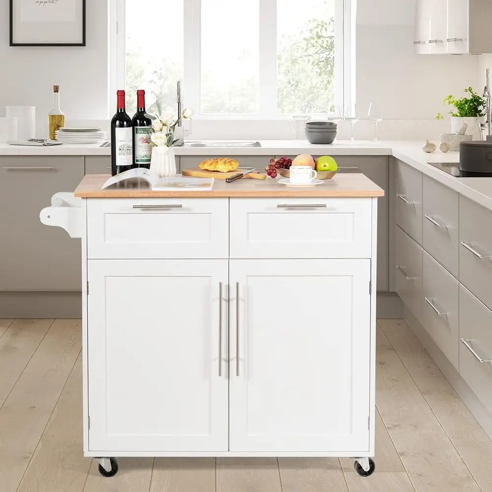 Rolling Kitchen Island with Towel Bar, Double Drawers, 2-Door Cabinet, White - Image 2