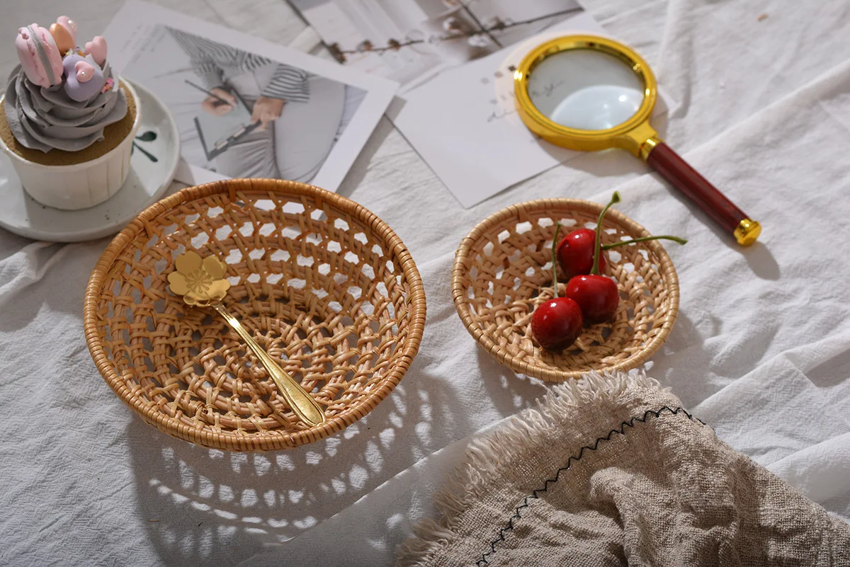 Minimalist Handwoven Rattan Baskets,Round Hollow Storage Trays for Fruit, Vegetables, Snacks, Decorative Wicker Basket for Home - Image 10