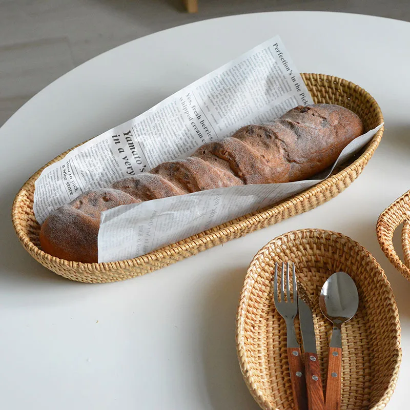 HeMu Vintage Rattan Woven Oval Tray Handcrafted Wicker Baskets for Bread, Snacks & Table Decor, Boho Kitchen Storage Basket