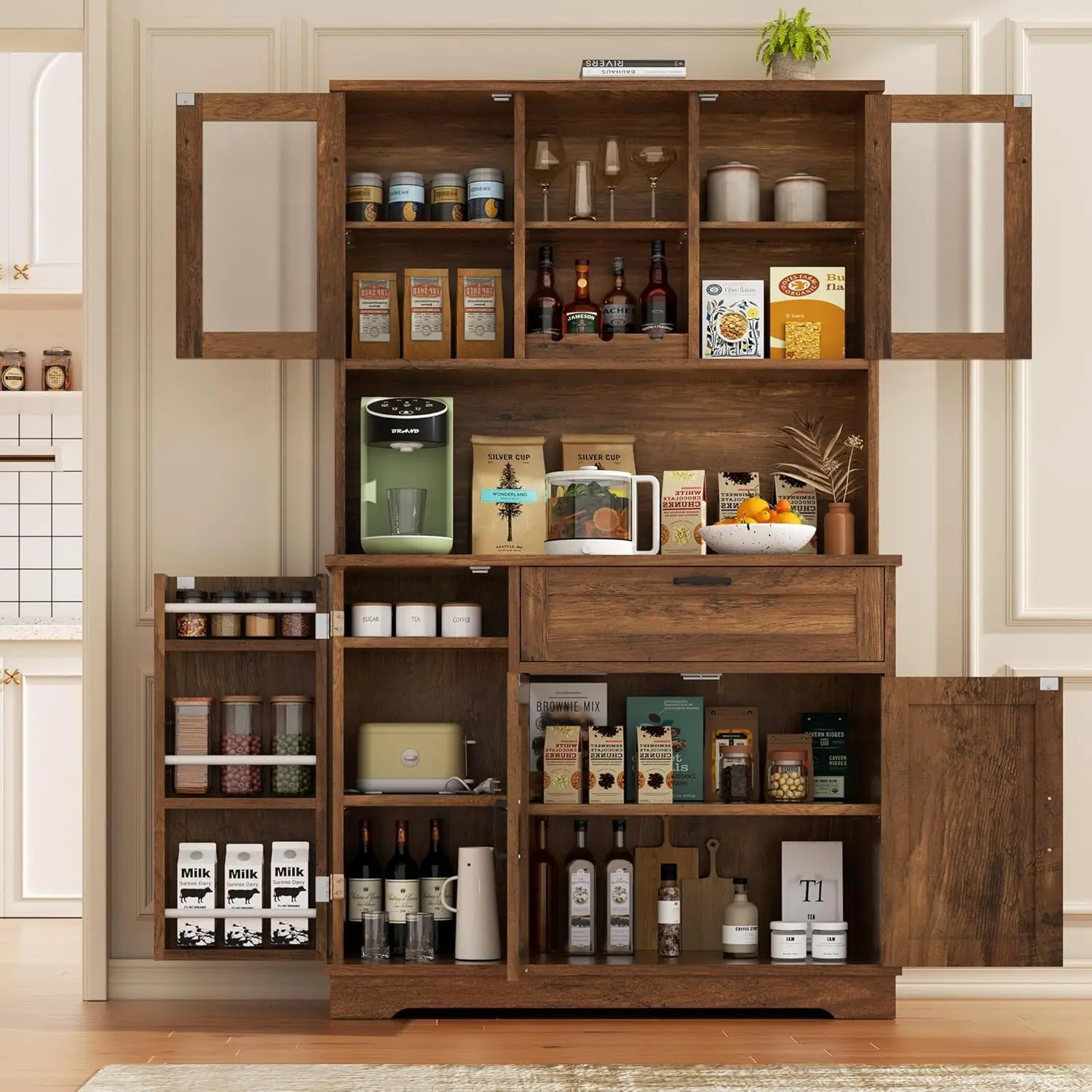 Tall Kitchen Pantry Storage Cabinet, Modern Pantry Cabinet with Hutch and Microwave Stand, Modern Kitchen Coffee, Customized - Image 3