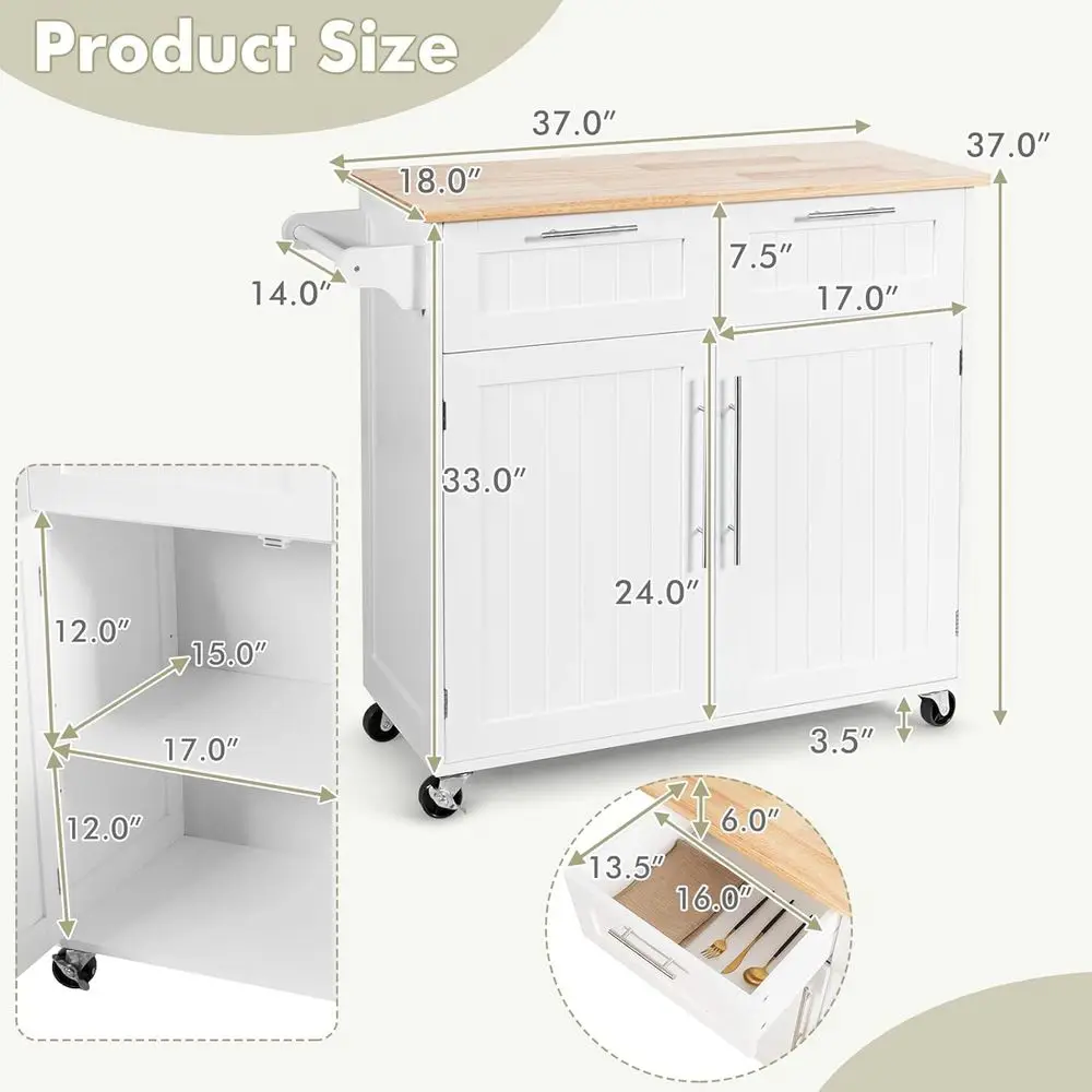 Rolling Kitchen Island with Towel Bar, Double Drawers, 2-Door Cabinet, White - Image 13