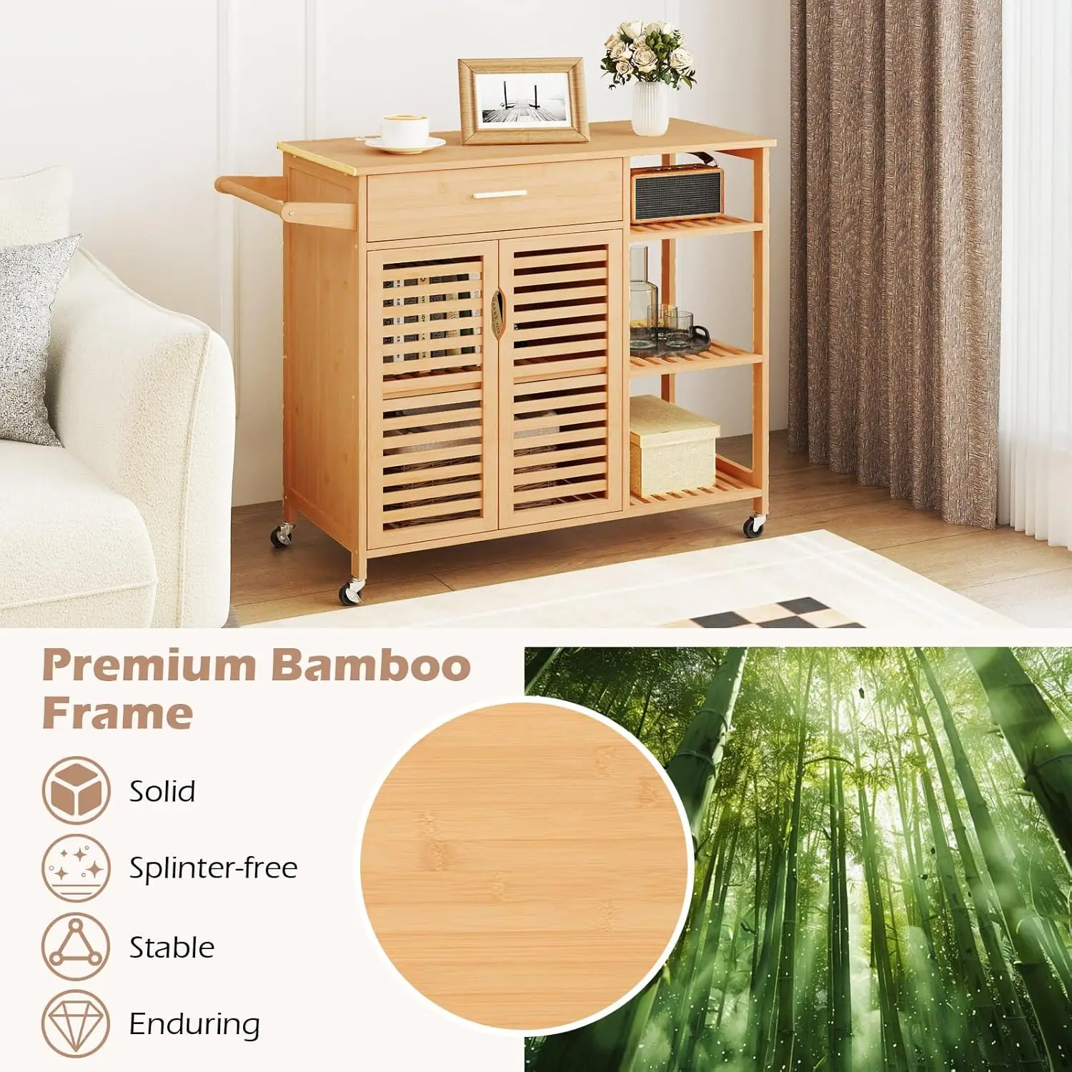 Bamboo Kitchen Island Cart Rolling Butcher Block Drawer Cabinet 3-Tier Shelves Towel Rack Wheels Storage Dining Room, Custom - Image 10