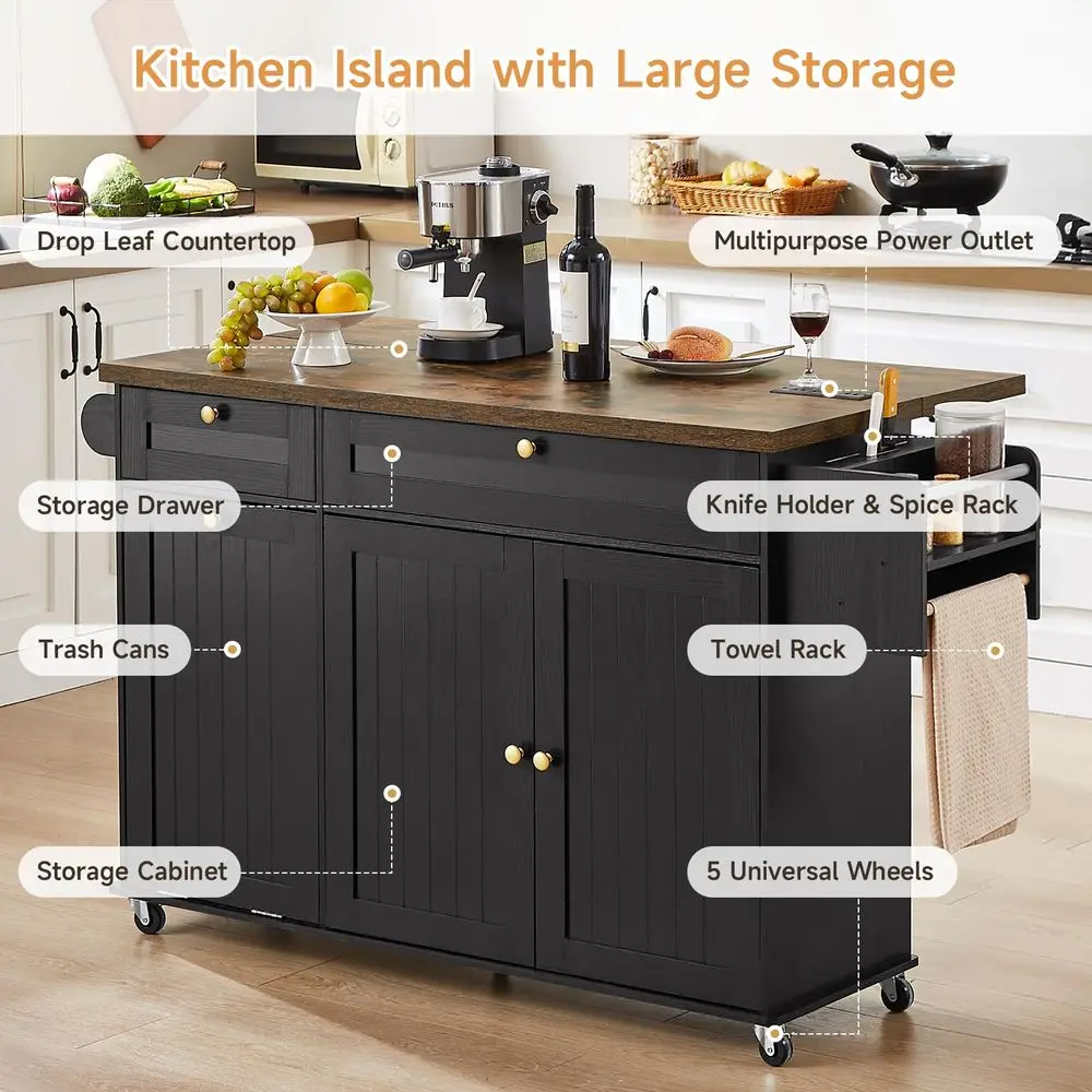 Kitchen Island with Power Outlet amp Drop Leaf, Kitchen Rolling Island with Spice Rack amp Towel Rack, Knife Holder, Kitchen Is - Image 3