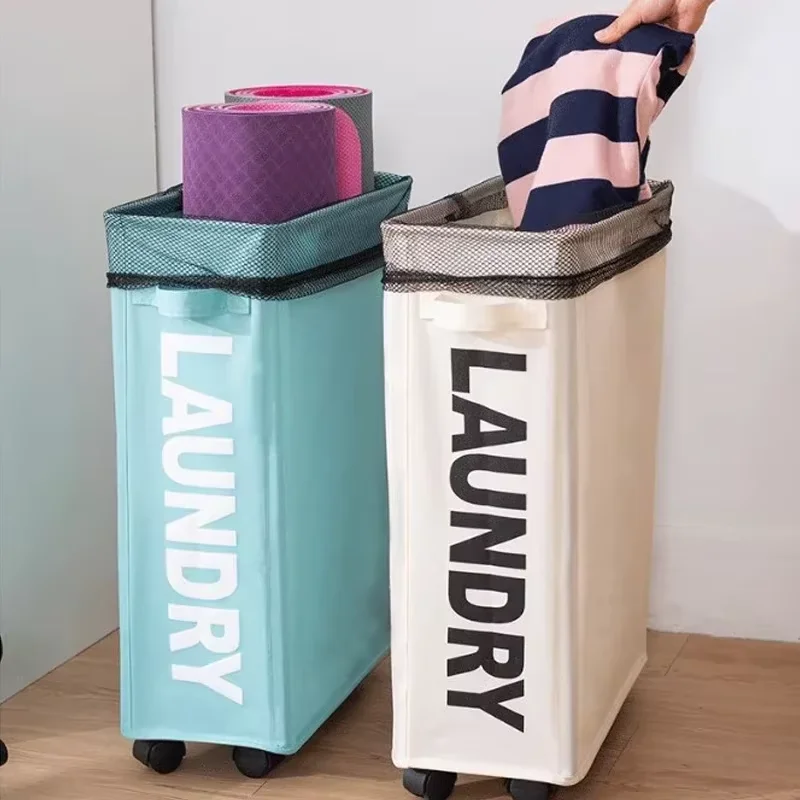 Beige Foldable Laundry Basket with Wheels, Large Waterproof Storage for Dirty Clothes Yoga Mat Home Organization - Image 8