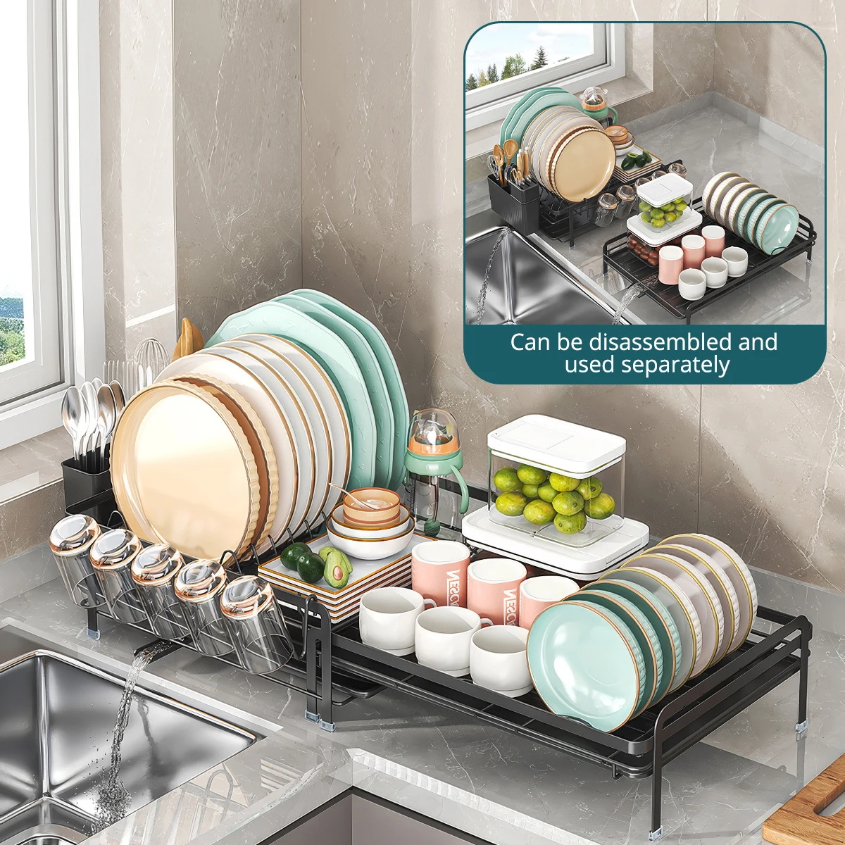 Adjustable Telescopic Dish Rack, Sink Side Dish Drying Organizer, Countertop Dish Organizer With Cup Holder, Utensil Holder