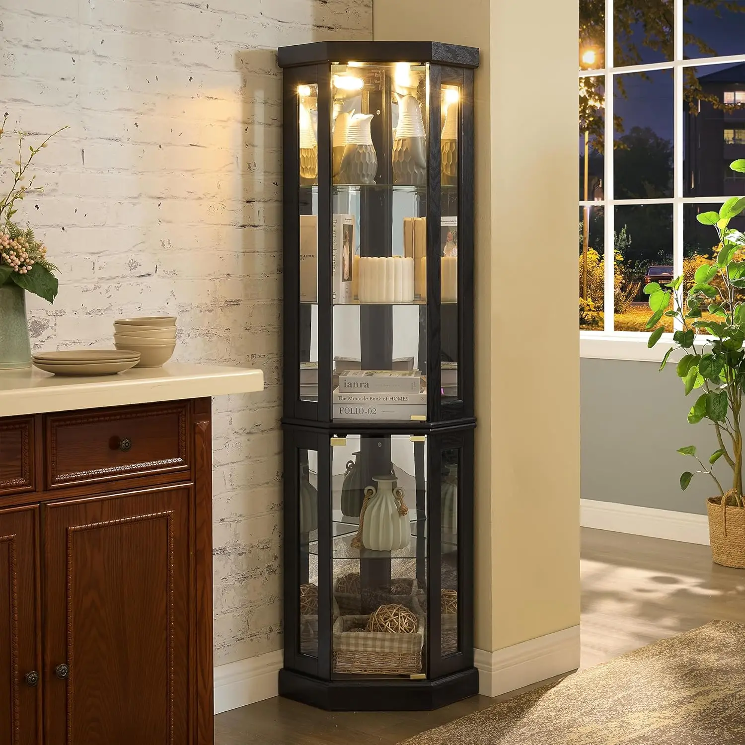 69" H Lighted Corner Curio Cabinet, 5-Tier Curio Glass Display Cabinet with Door & Adjustable Glass Shelves, Wooden, Customized - Image 7