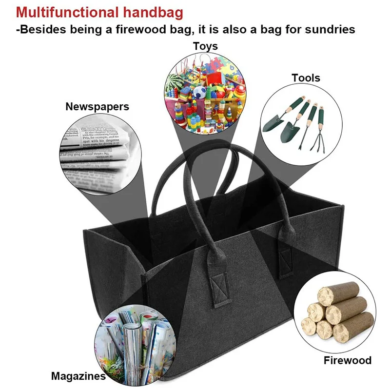 Fireplace Wood Felt Storage Bag Basket Magazine Rack Firewood Pocket,Felt Foldable Firewood Holder Basket Gray - Image 6