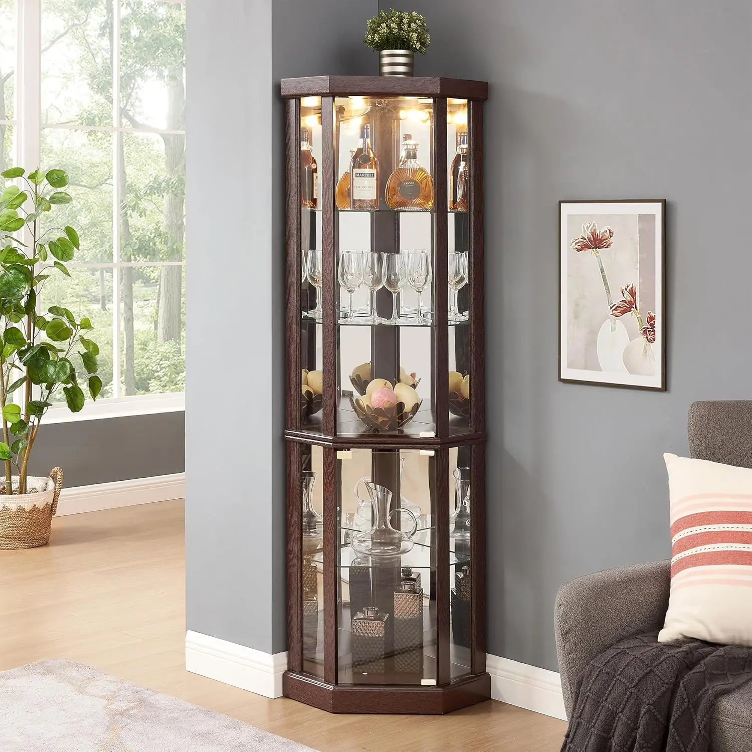 69" H Lighted Corner Curio Cabinet, 5-Tier Curio Glass Display Cabinet with Door & Adjustable Glass Shelves, Wooden, Customized - Image 12