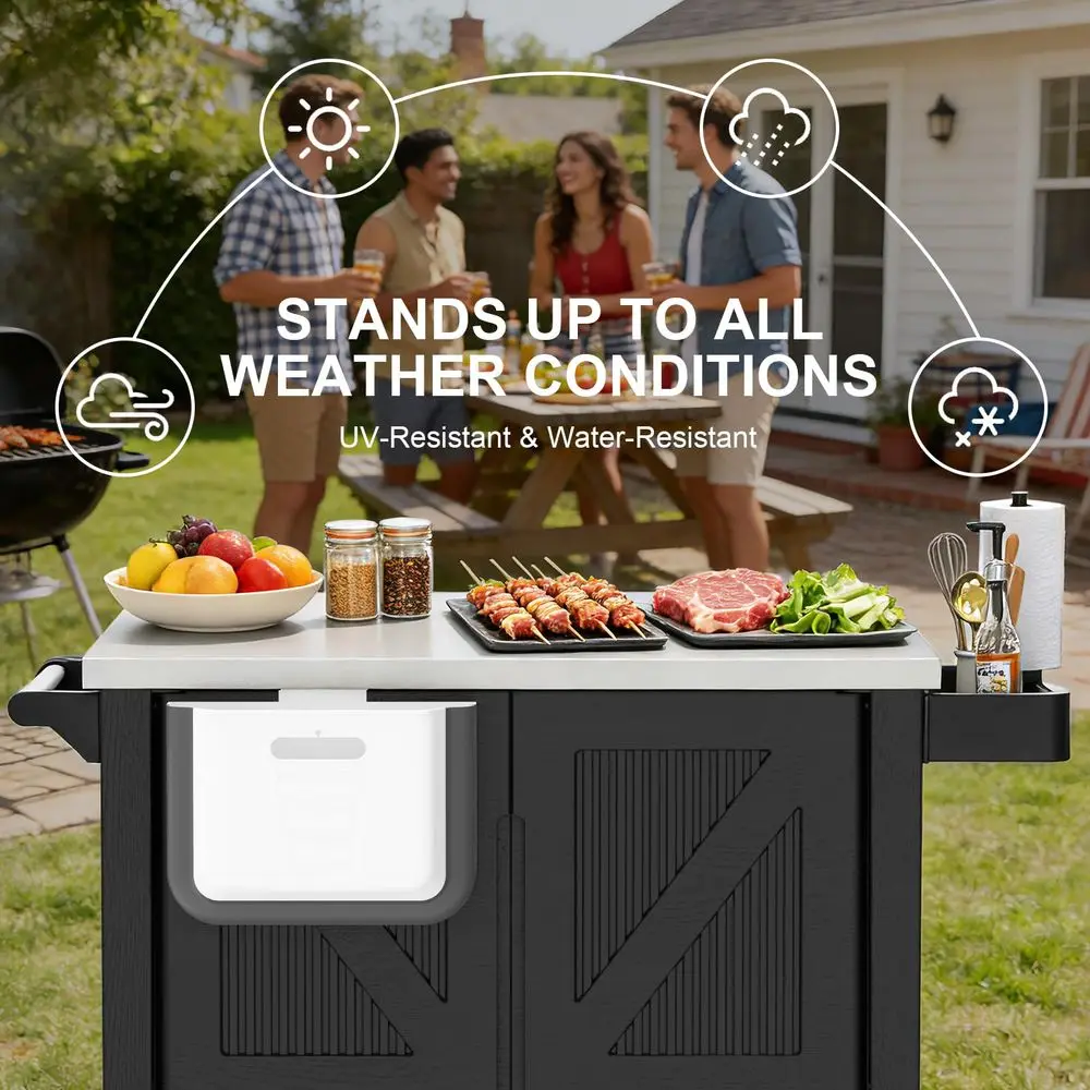Kitchen Island with Storage Cabinet, Movable Grill Cart with Stainless Steel Countertop, 4 Swivel Wheels, PP Material Rolling B - Image 12