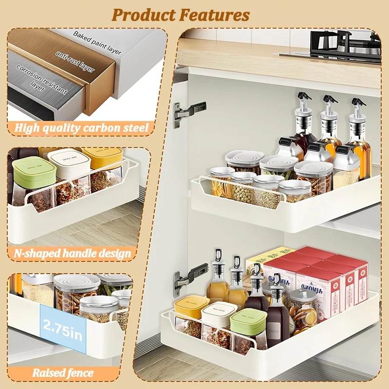 Kitchen Storage Box with Sliding Rail Pull-out Cabinet Storage Rack Spice Pantry Shelves Drawer Kitchen Organizer Basket - Image 3