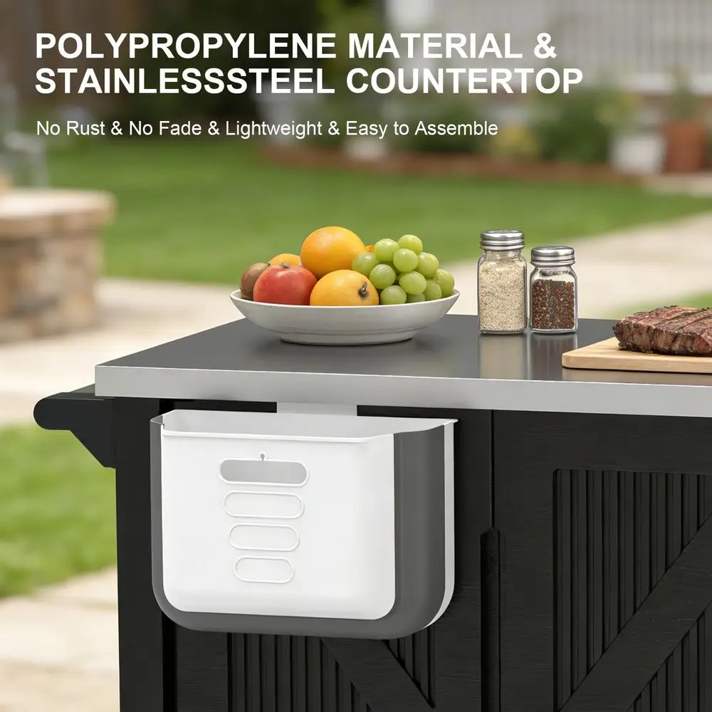 Kitchen Island with Storage Cabinet, Movable Grill Cart with Stainless Steel Countertop, 4 Swivel Wheels, PP Material Rolling B - Image 10
