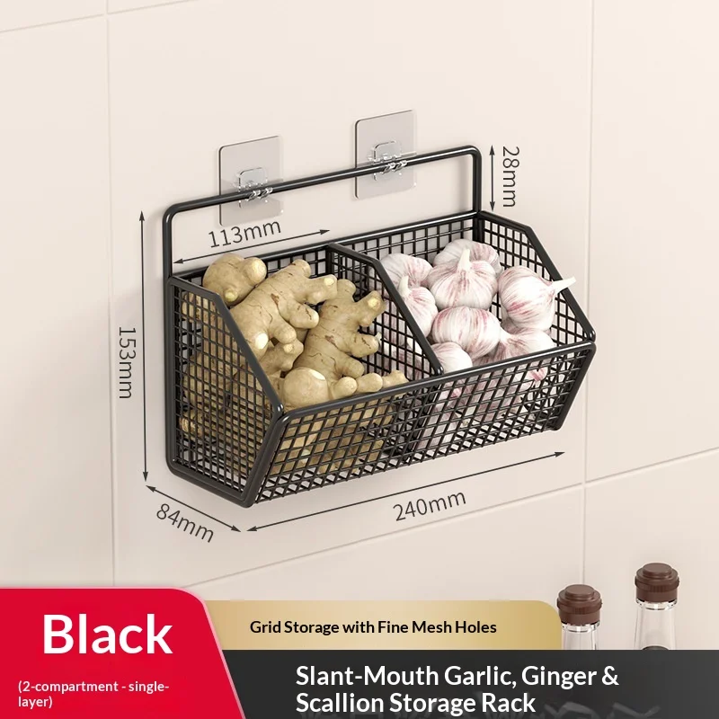 Storage Basket Free Punching Ginger Garlic Hanging Basket Kitchen Shelf Wall-mounted Condiment Frame Household Utensils - Image 9