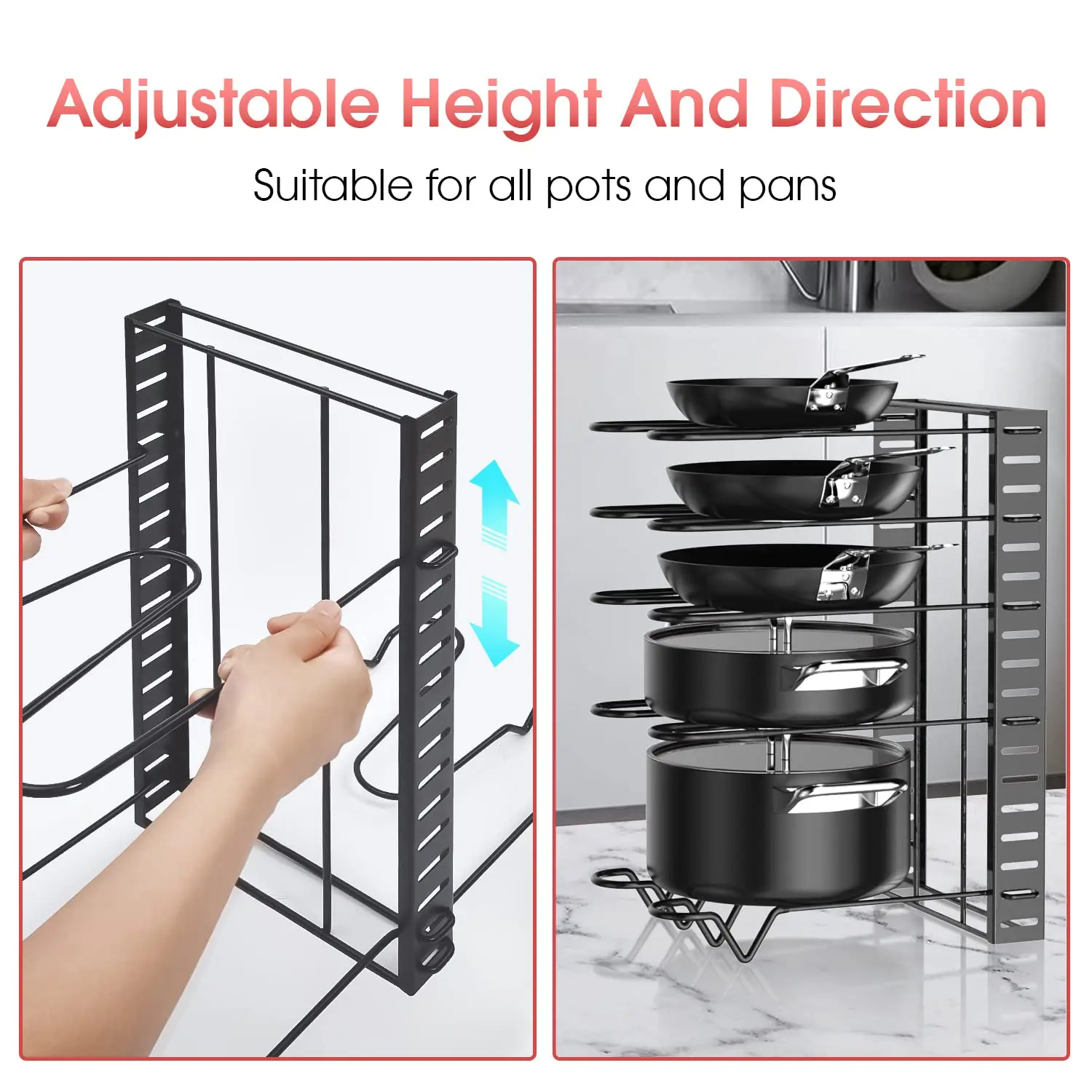 Pot Rack Organizer, 8 Tier Pots and Pans Organizer for Kitchen Organization & Storage, Adjustable Pot Lid Holders & Pan Rack - Image 4