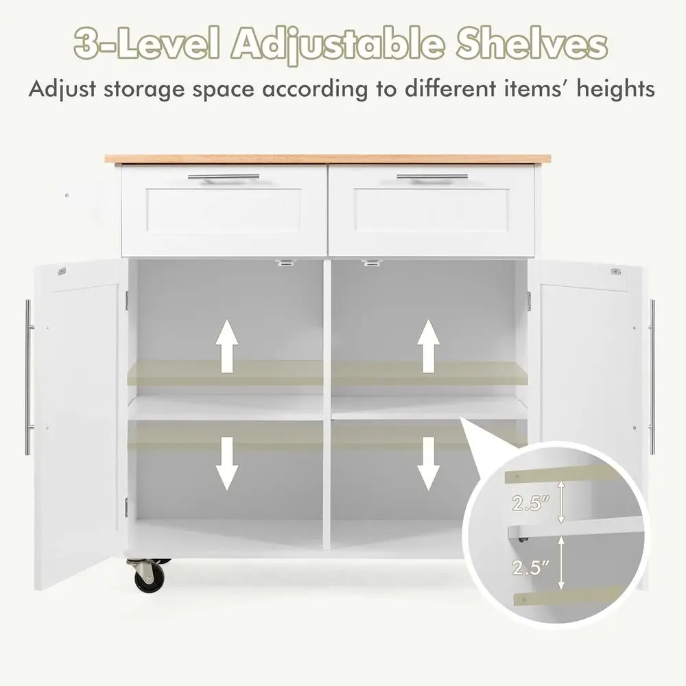 Rolling Kitchen Island with Towel Bar, Double Drawers, 2-Door Cabinet, White - Image 4
