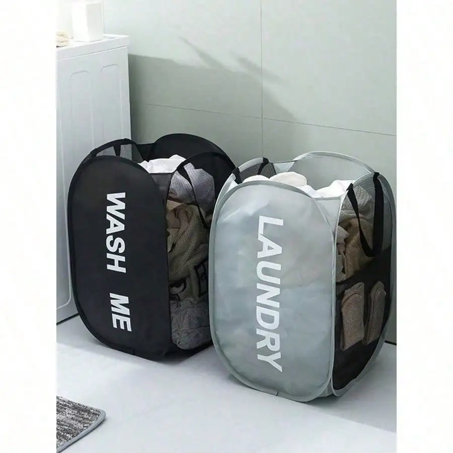 Foldable Mesh Laundry Hamper With Handle, Pop Up Dirty Clothes Storage Basket, Household Bathroom Laundry Organizer