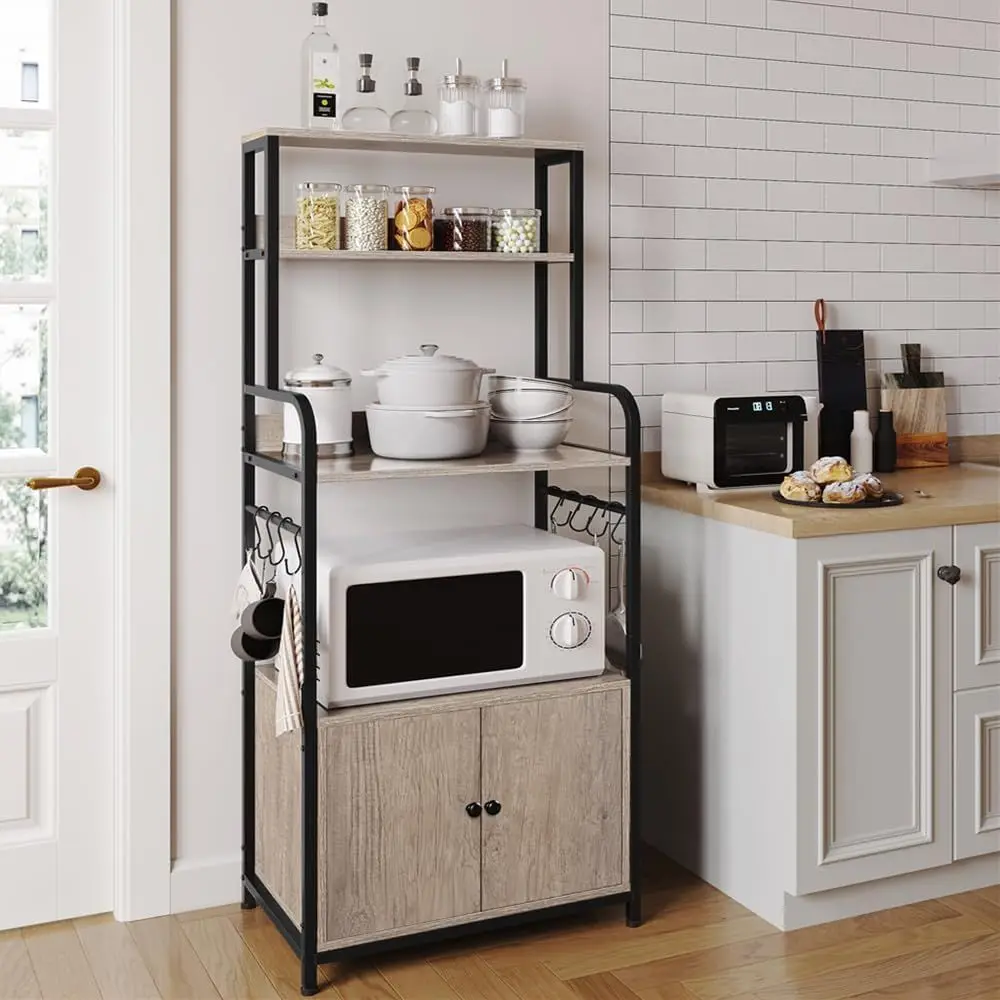 Gray 4-Tier Kitchen Baker's Rack with Storage Cabinet, Microwave Stand, Coffee Bar, and Spice Rack