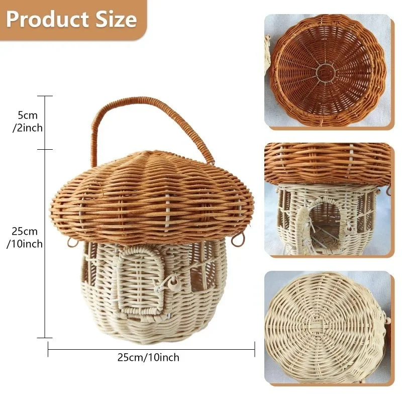 Rattan Mushroom Storage Basket Cute Cartoon Handwoven Nut Wicker Handbag Outdoor Picnic Women Tote Straw Bag Children Organizer - Image 11