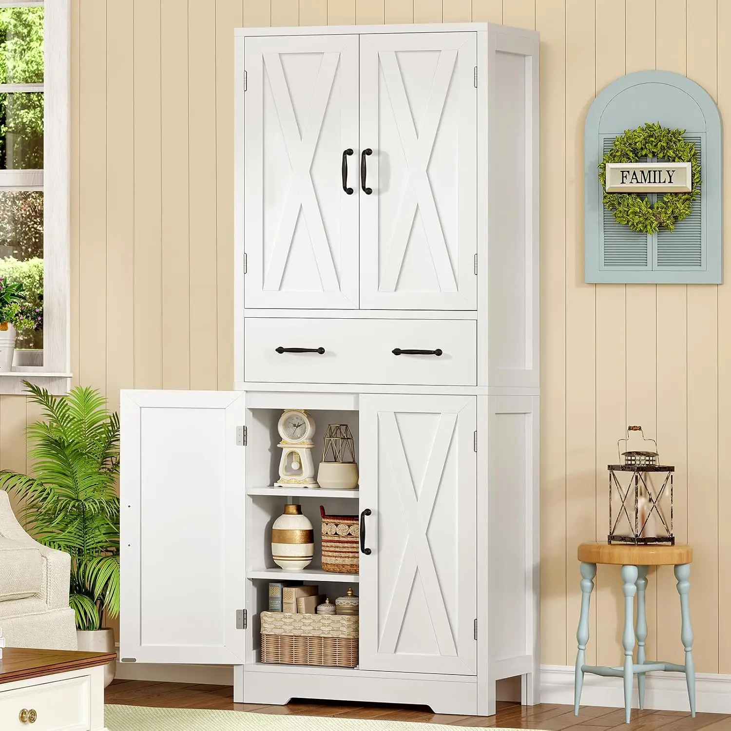 Tall Storage Cabinet with 2 Adjustable Shelves & Drawer 4-Door Pantry Bathroom Living Room Kitchen White Custom - Image 11