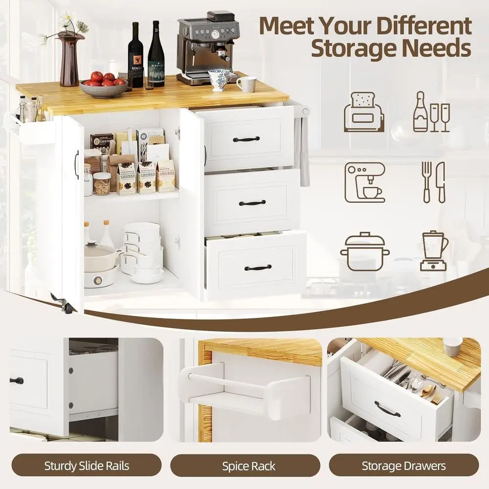 White Rolling Kitchen Island with Storage, Spice Rack, and Towel Bar - Image 9