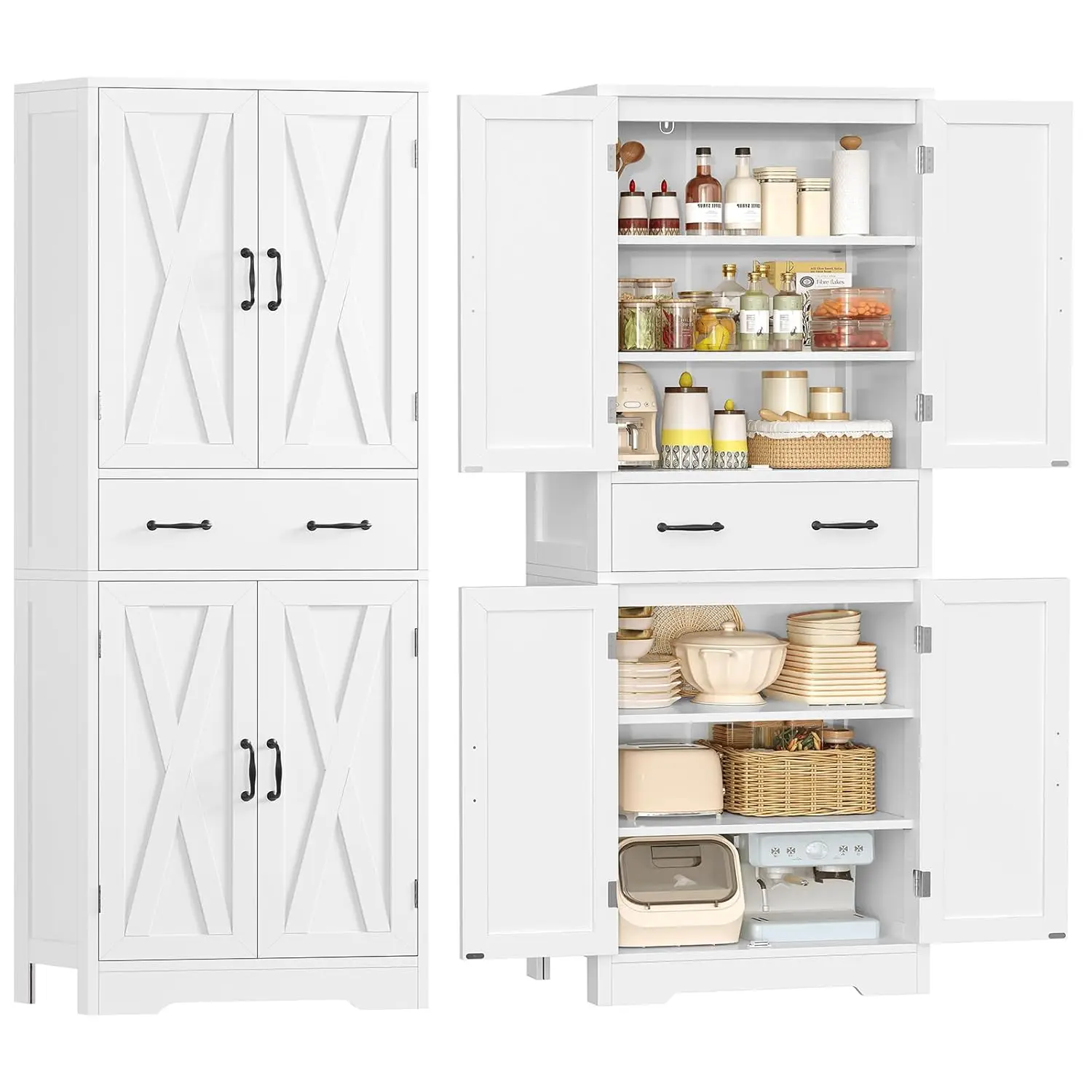 Tall Storage Cabinet with 2 Adjustable Shelves & Drawer 4-Door Pantry Bathroom Living Room Kitchen White Custom