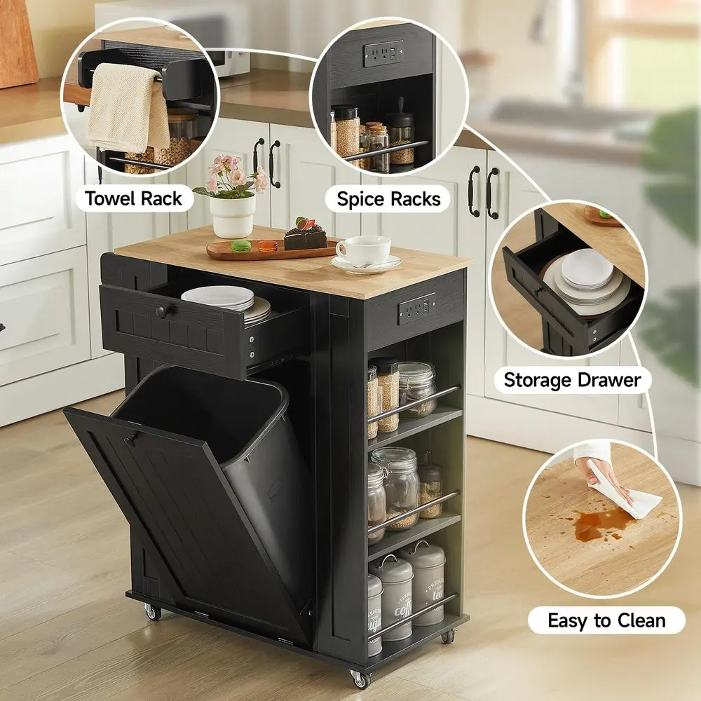 35 Kitchen Island with Trash Can Cabinet amp Power Outlet, Rolling Kitchen Cart with Storage Drawer, 6Tier Spice Rack, Portable - Image 12