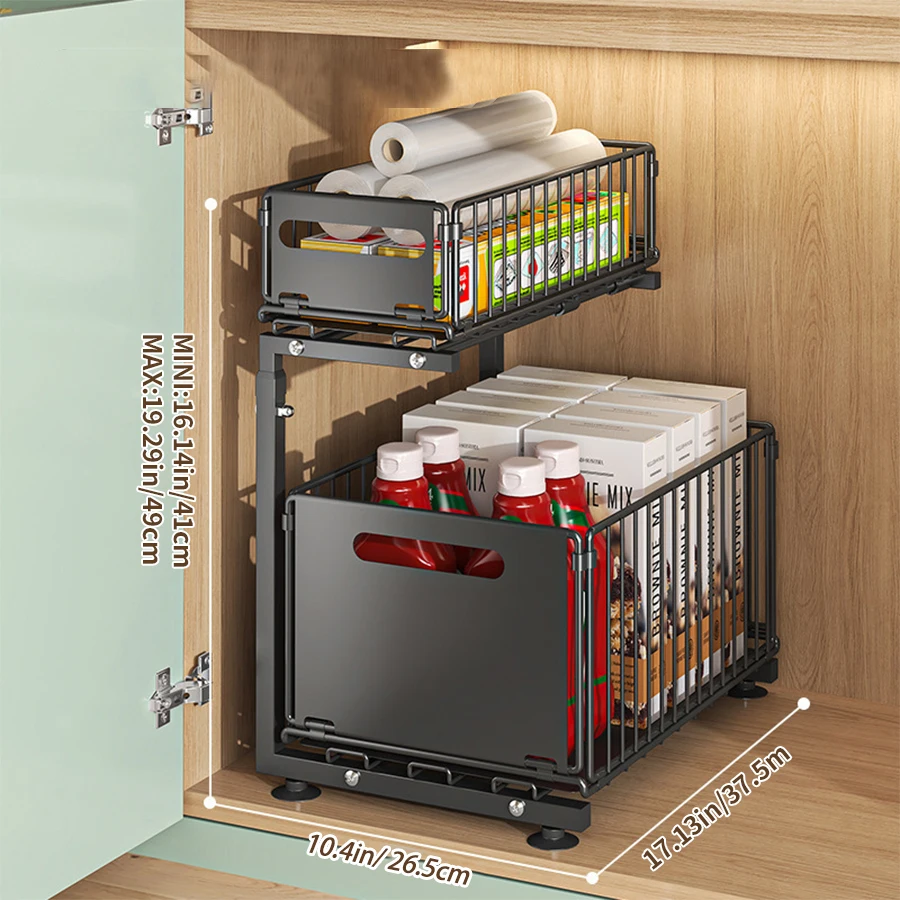Pull-Out Under Sink Organizer, 2-Tier Adjustable Height Sliding Shelf for Kitchen/Bathroom Cabinet Storage, Black & White - Image 8