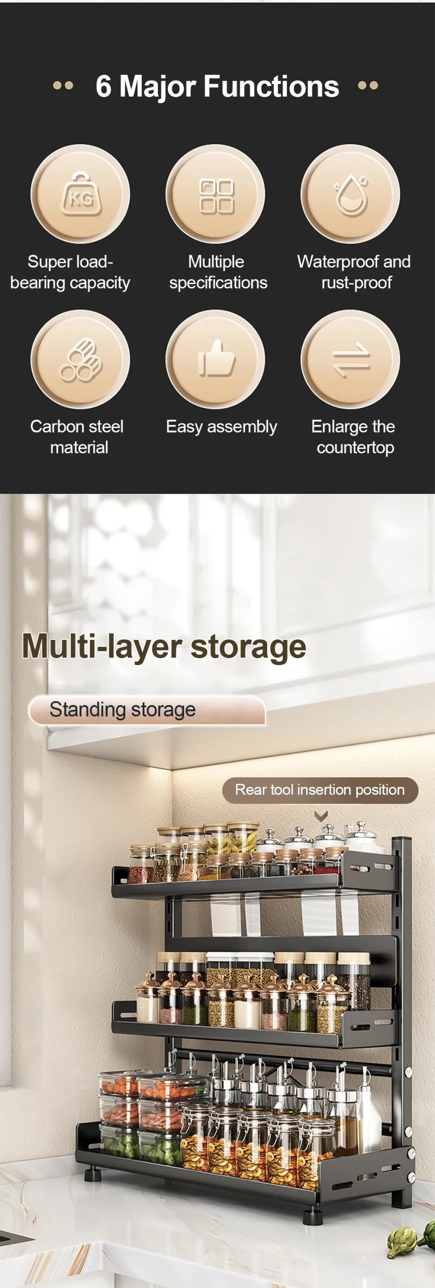 3 Tier Spice Storage Rack for Countertop Adjustable Spice Organization for Cabinet Kitchen Organizer Metal Shelf Black - Image 20